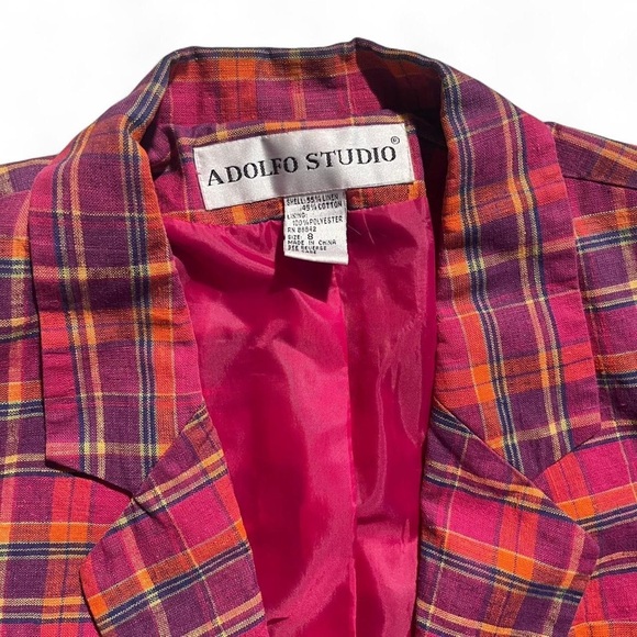 Vintage Adolfo Studio pink/orange/purple plaid linen blend longline blazer - 8 - Picture 2 of 6